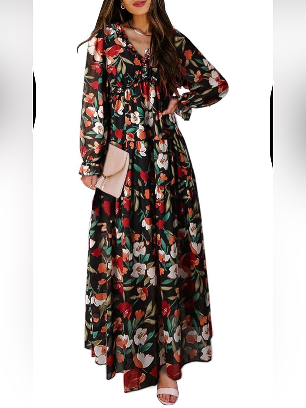 Floral V-Neck Long Sleeve Maxi Dress in Black with Red & Green Floral Print